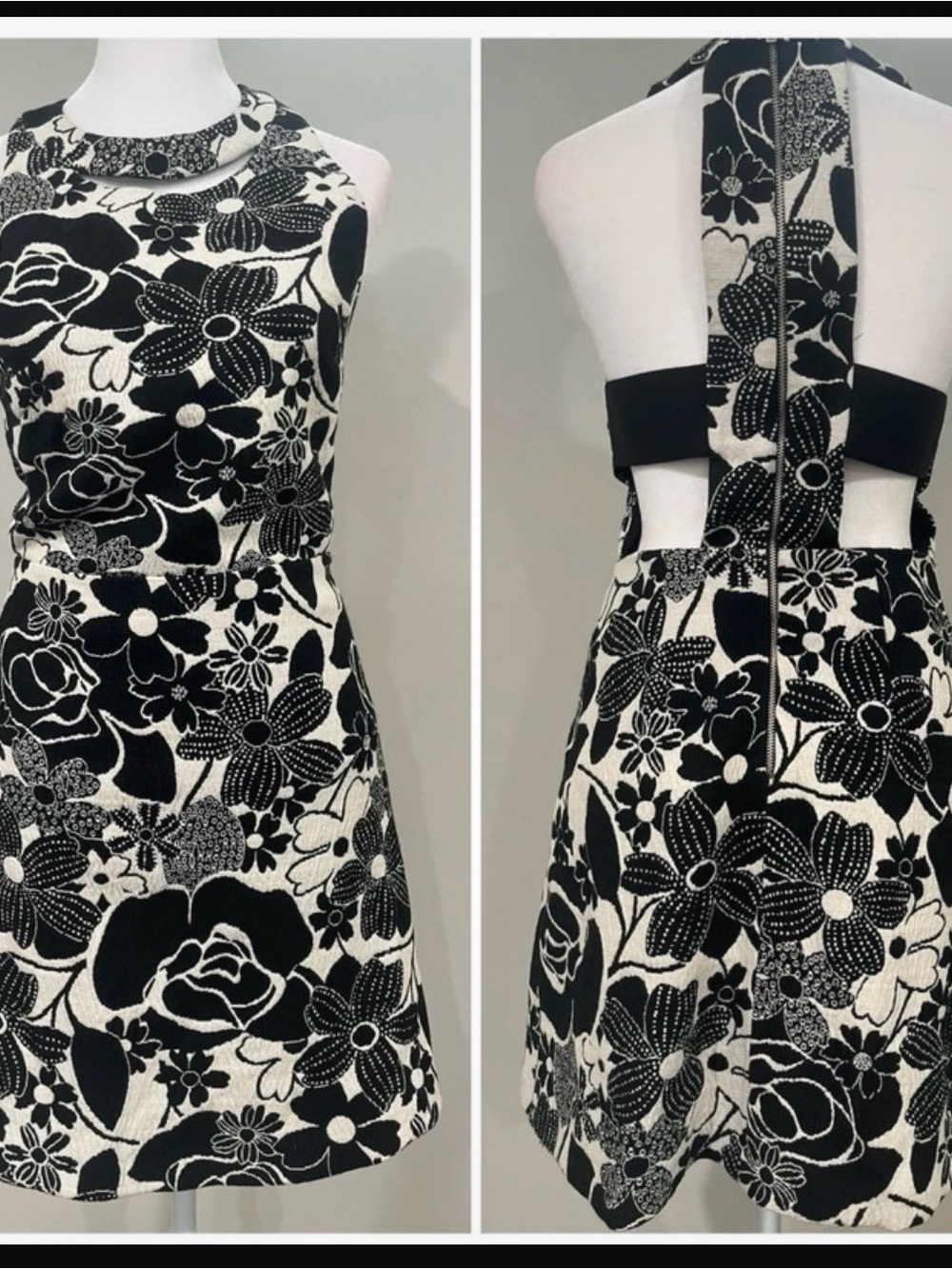 Zara Black & White Floral Backless Halter Dress